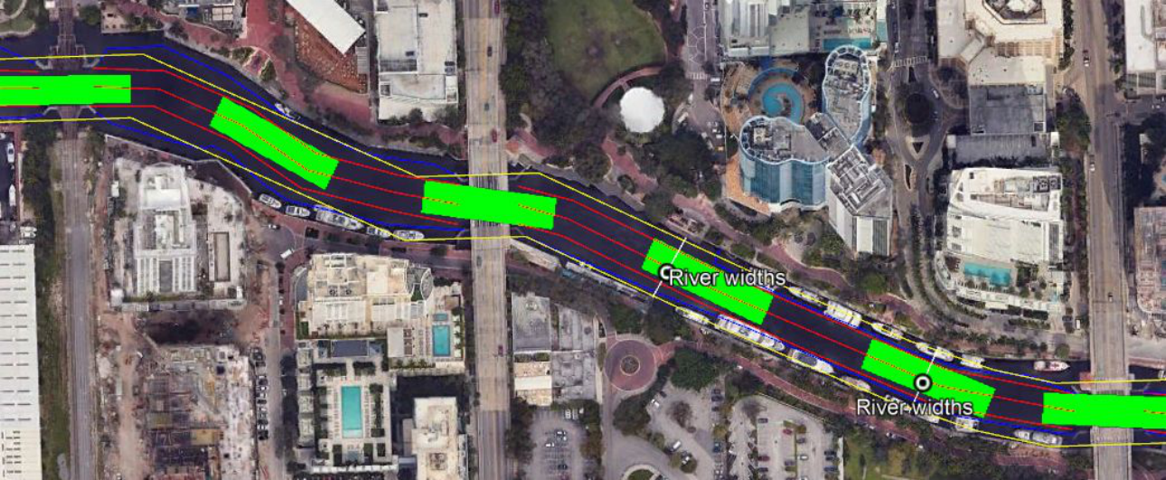 Andrews Avenue — Red 60-foot minimum channel, USACOE boundary, and green barge-plus-tug maneuvering footprint
