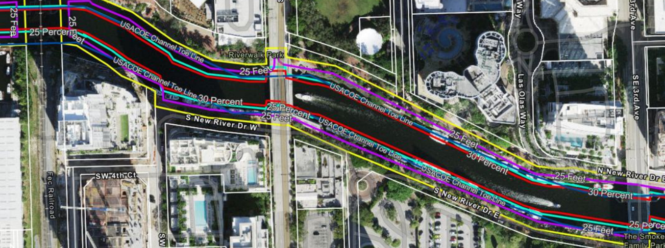 Andrews Avenue — Property line contours, 25% and 30% waterway extension limits, and USACOE channel toe line