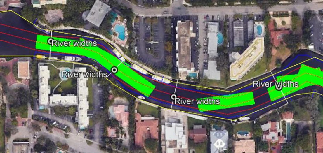 East of Tunnel — Red 60-foot minimum channel, USACOE boundary, and green barge-plus-tug maneuvering footprint
