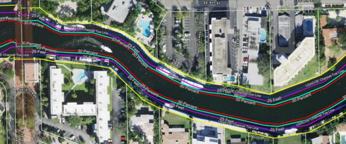 East of Tunnel — Property line contours, 25% and 30% waterway extension limits, and USACOE channel toe line