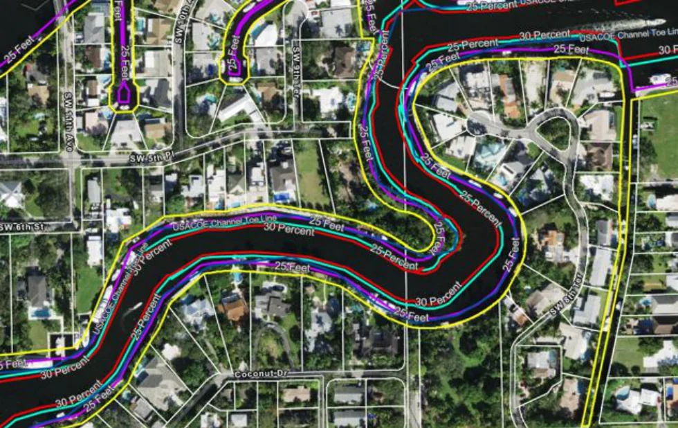 Little Florida — Property line contours, 25% and 30% waterway extension limits, and USACOE channel toe line
