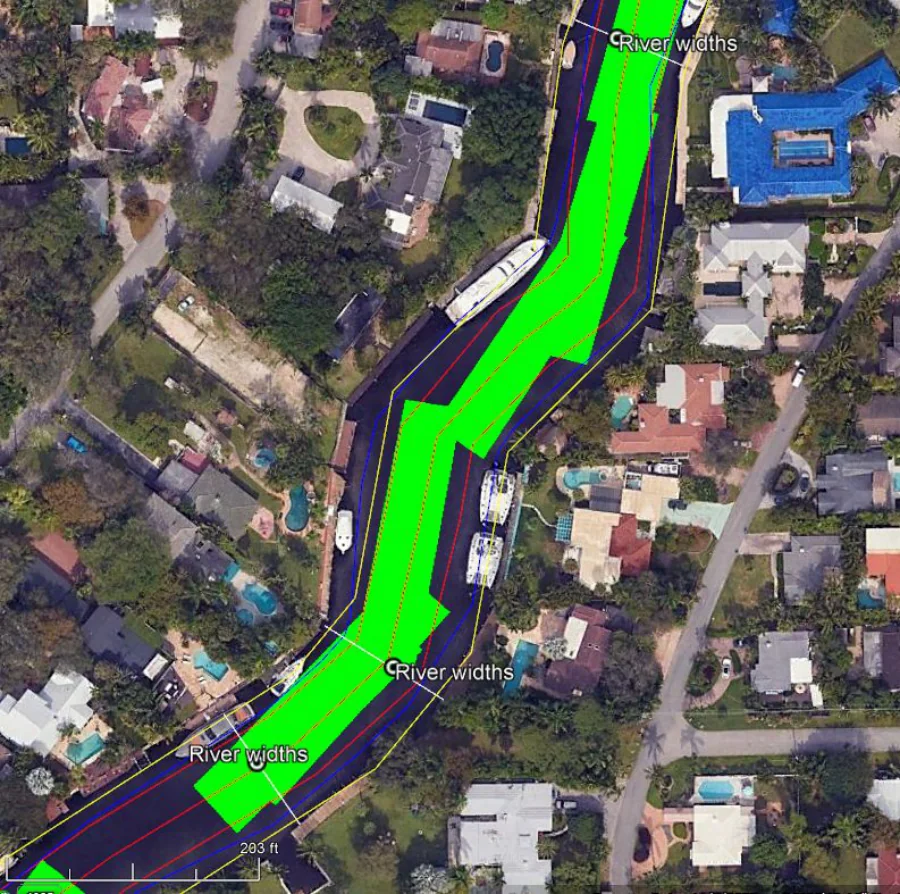 The Wiggles — Red 60-foot minimum channel, USACOE boundary, and green barge-plus-tug maneuvering footprint